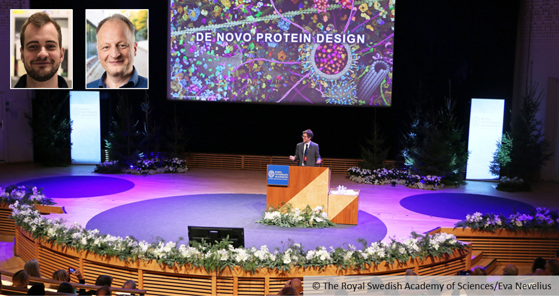 David Baker steht an einem Rednerpult, im Hintergrund ist der Schriftzug "De Novo Protein Design" zu lesen. Oben links sind in das Bild Portraits von Jacob Piehler und Christoph Pollmann eingefügt. David Baker steht an einem Rednerpult, im Hintergrund ist der Schriftzug "De Novo Protein Design" zu lesen. Oben links sind in das Bild Portraits von Jacob Piehler und Christoph Pollmann eingefügt.
