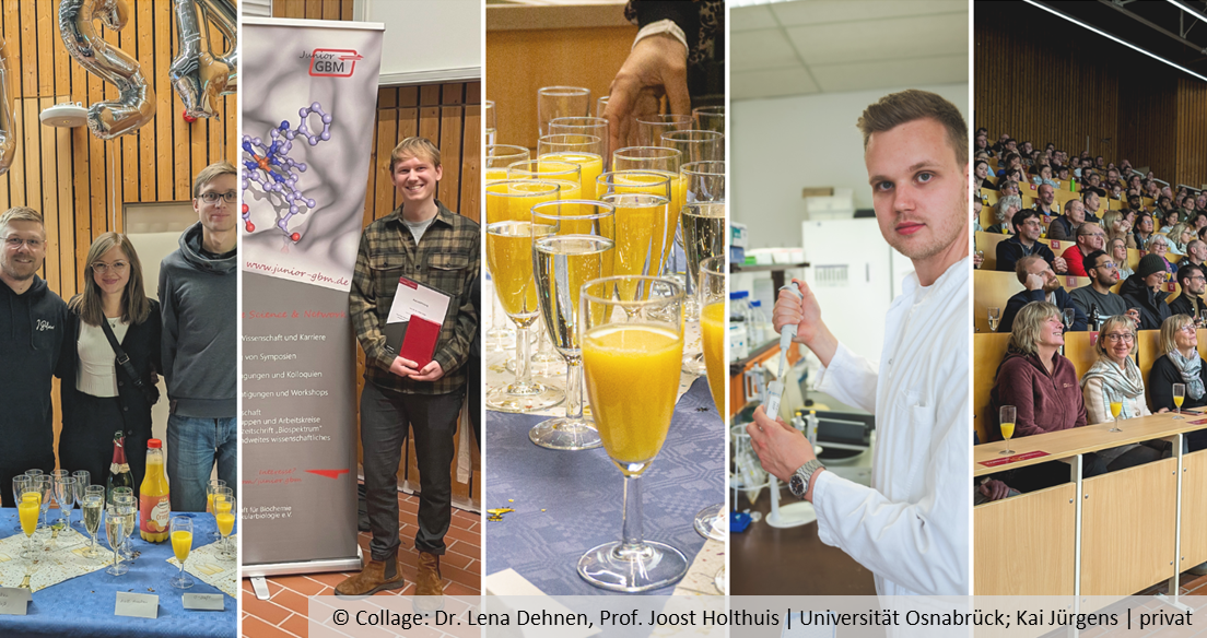 A collage showing smiling people behind a table, a smiling man with a document in his hands, glasses with sparkling wine and orange juice, a man working in a laboratory and people sitting in a lecture hall.