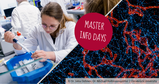 A collage of a person in a lab coat holding a pipette and a microscope image in red and blue. “Master Info Days” is written in a red circle. A collage of a person in a lab coat holding a pipette and a microscope image in red and blue. “Master Info Days” is written in a red circle.